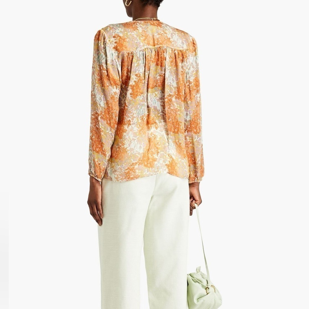 VINCE Silk Floral Print Long Sleeve Blouse Orange Fantasy Small - Picture 3 of 15